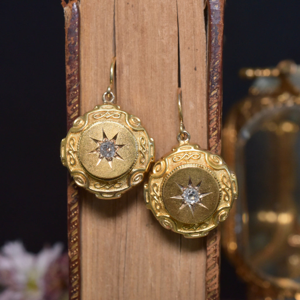 Antique Victorian 15ct Yellow Gold And Diamond Etruscan Revival Earrings - Circa 1880-90