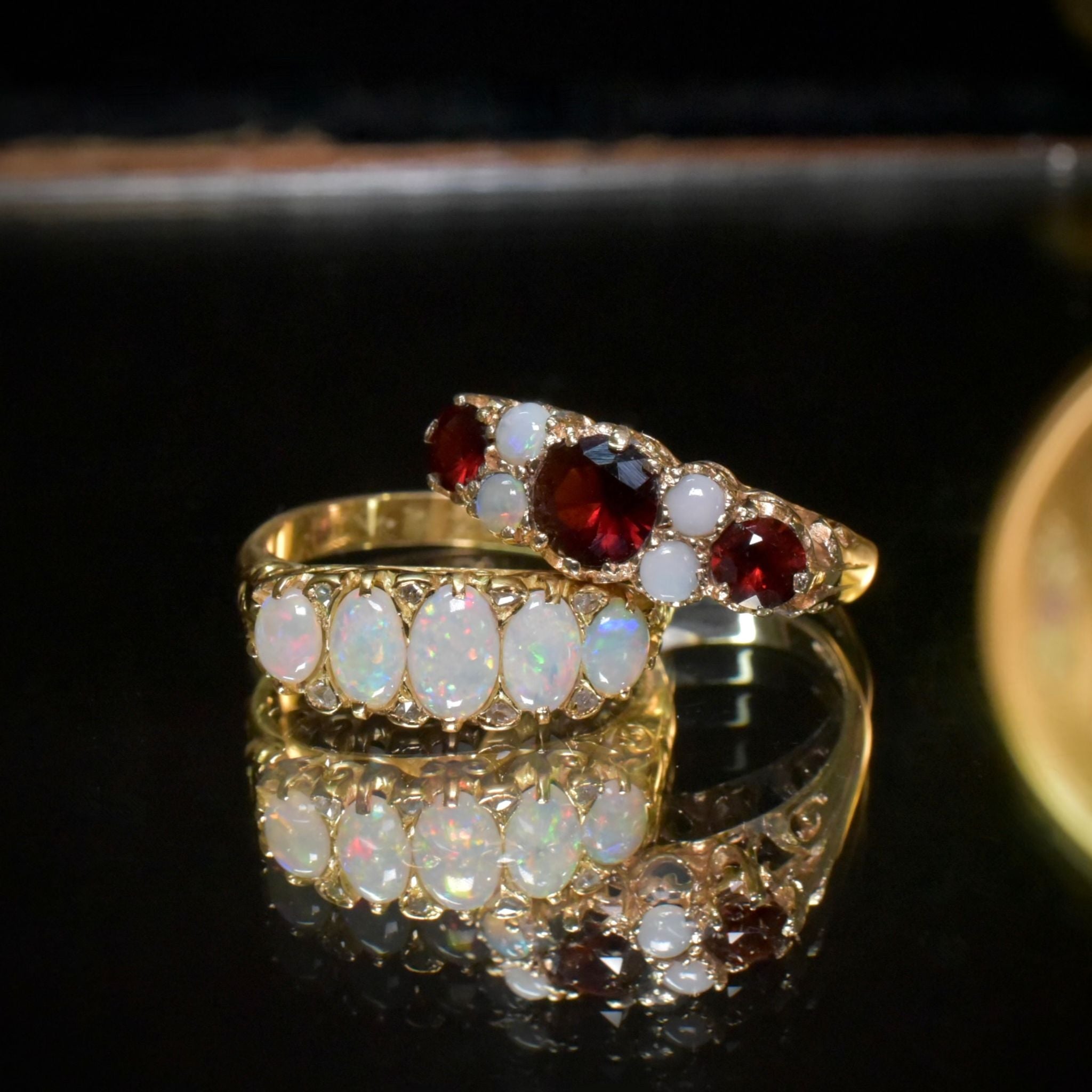 Vintage 9ct Yellow Gold Garnet And Opal Quarter Hoop Ring - London 1976