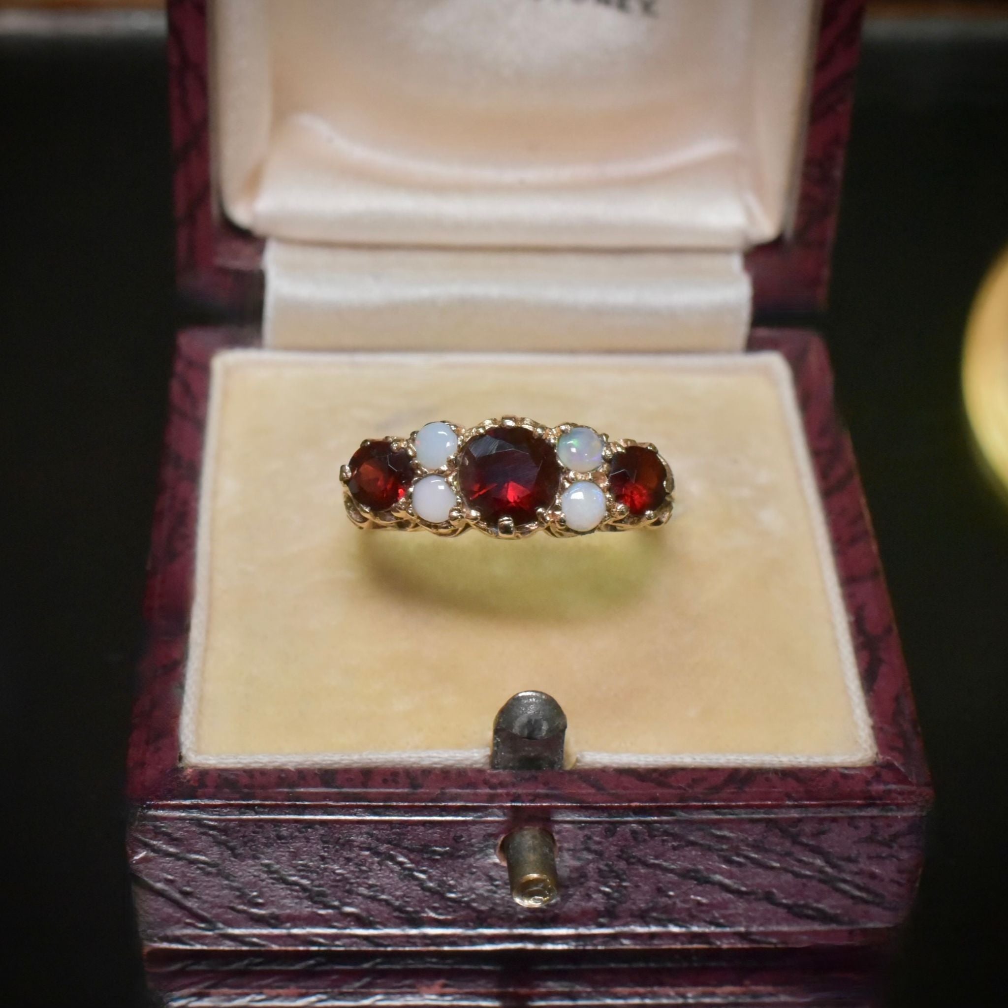 Vintage 9ct Yellow Gold Garnet And Opal Quarter Hoop Ring - London 1976