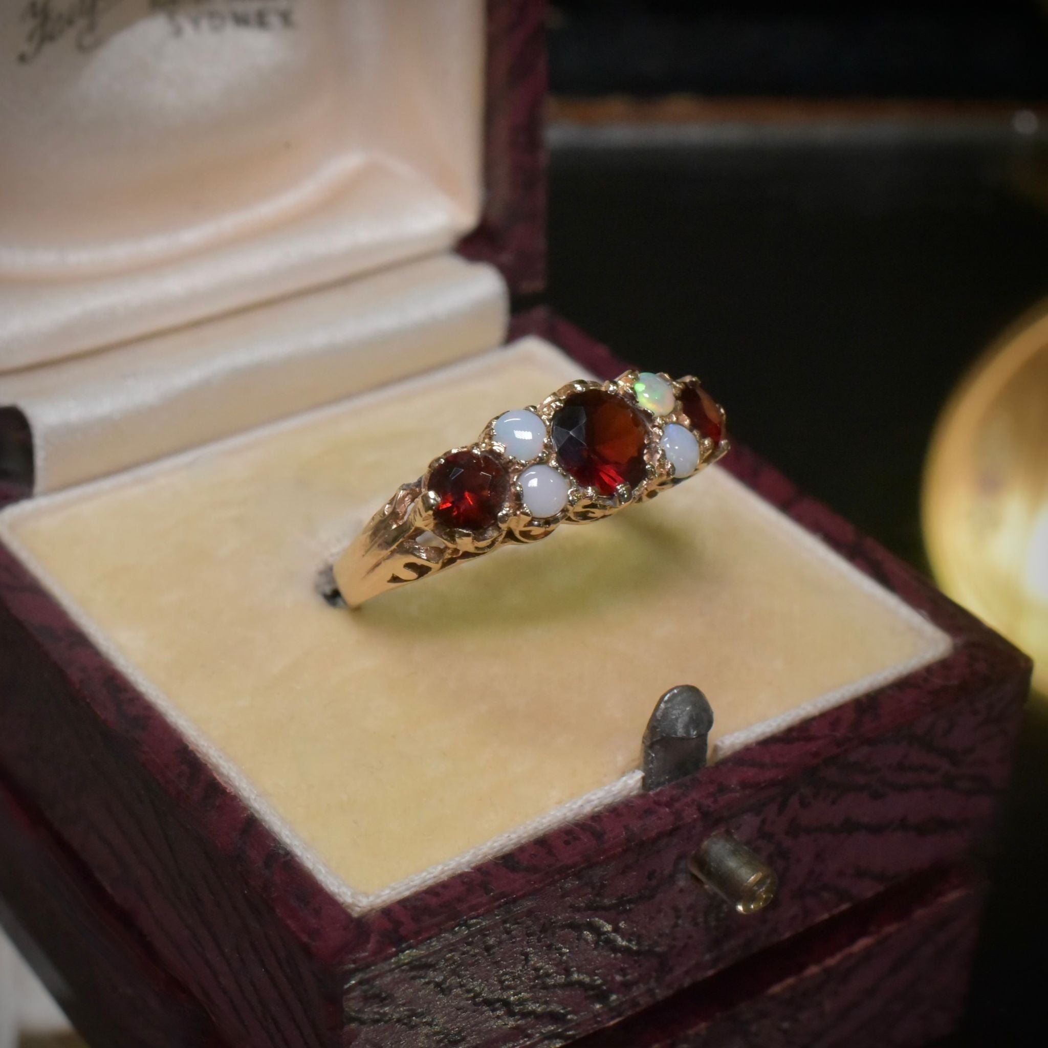 Vintage 9ct Yellow Gold Garnet And Opal Quarter Hoop Ring - London 1976