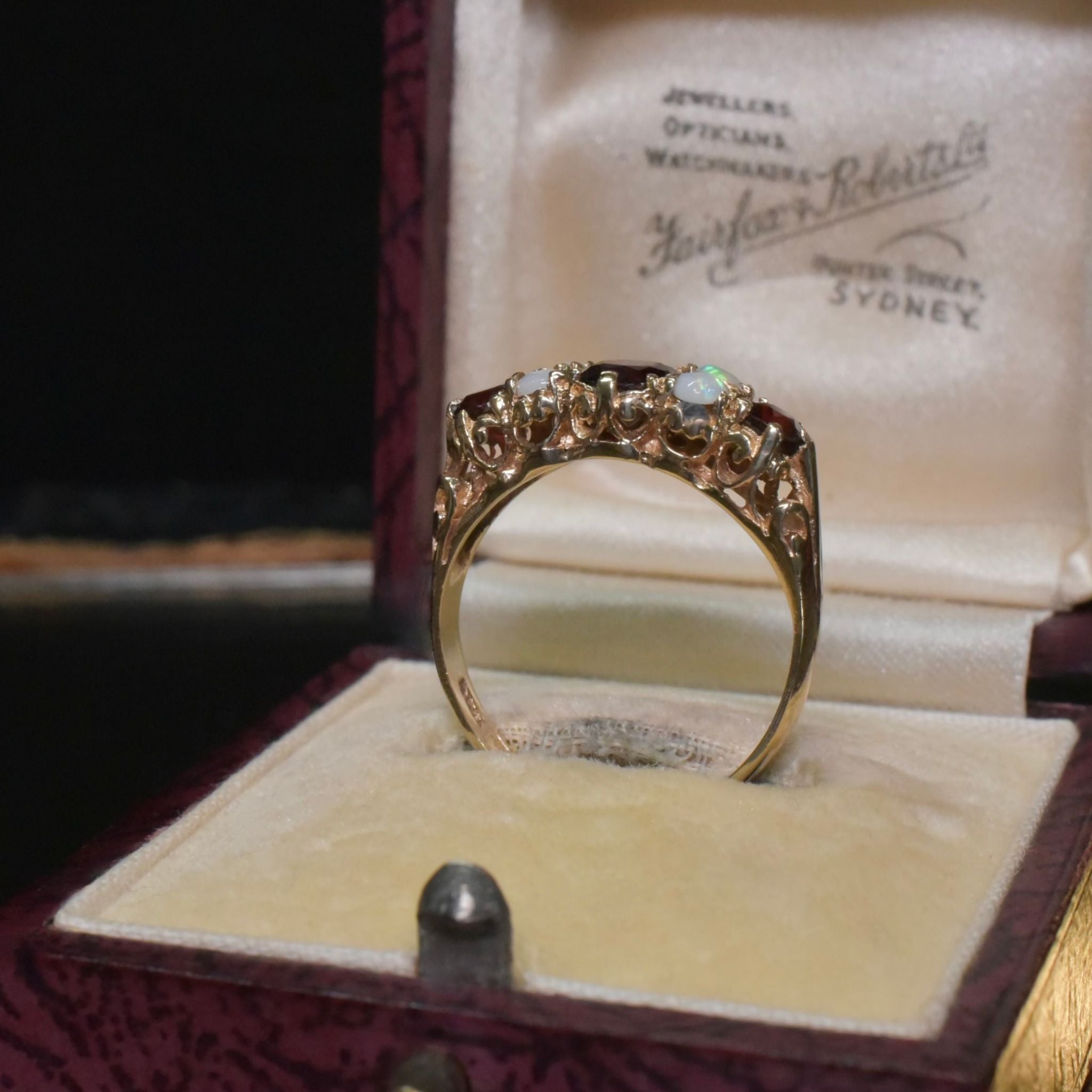 Vintage 9ct Yellow Gold Garnet And Opal Quarter Hoop Ring - London 1976