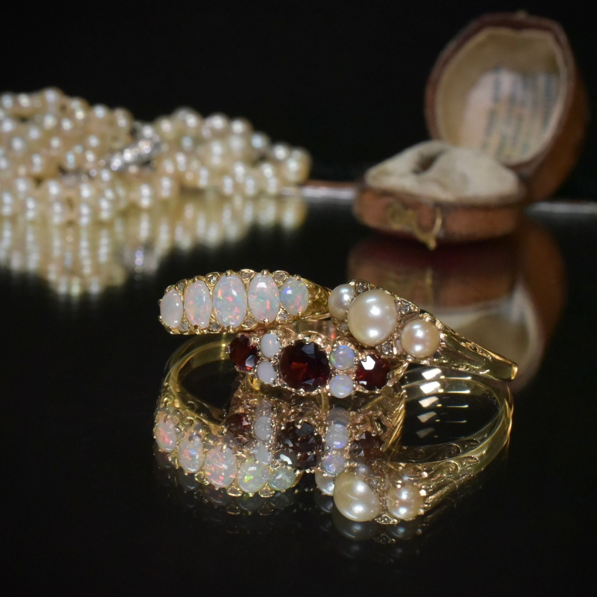 Vintage 9ct Yellow Gold Garnet And Opal Quarter Hoop Ring - London 1976