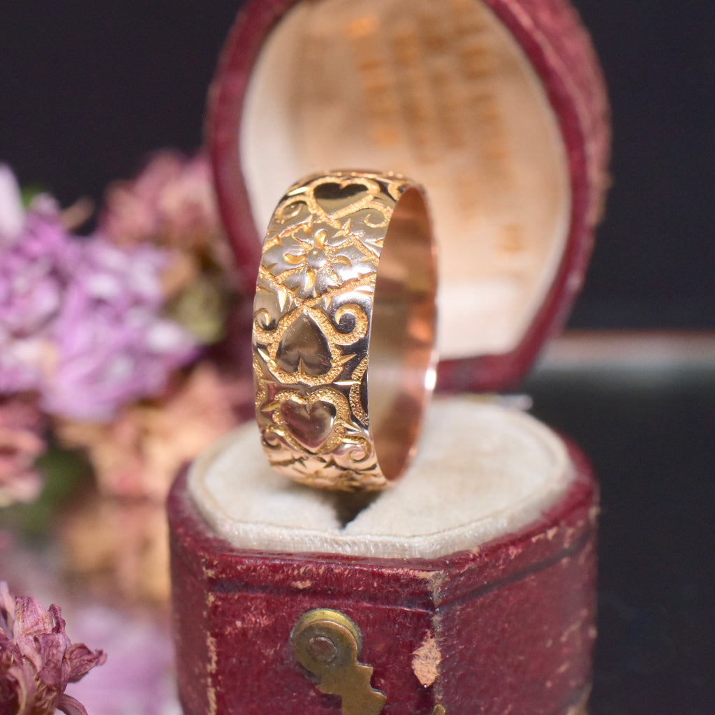 Antique Edwardian Wide 9ct Rose Gold ‘Heart’ Ring By Kinsey Brothers & Patrick - Birmingham 1907