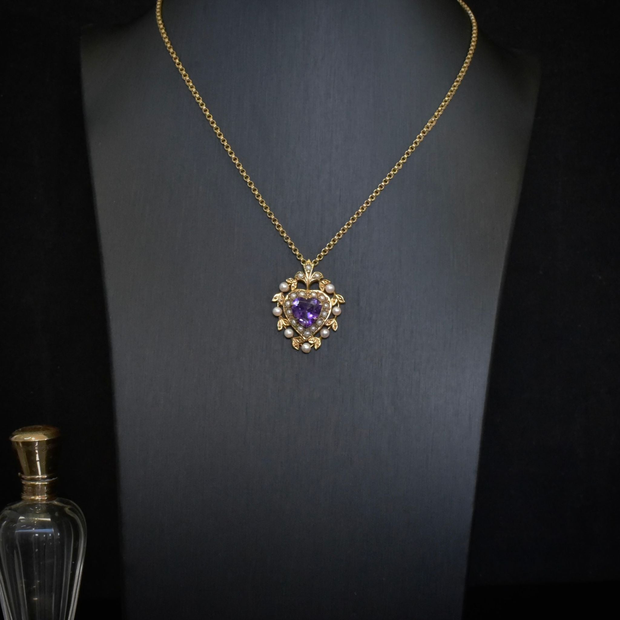 Stunning Vintage 9ct Yellow Gold Heart-Cut Amethyst And Pearl Pendant - London 1976