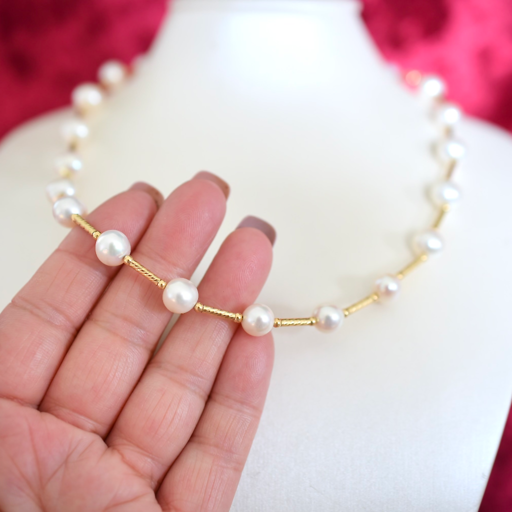 Modern 14ct Yellow Gold And Freshwater Pearl Necklace