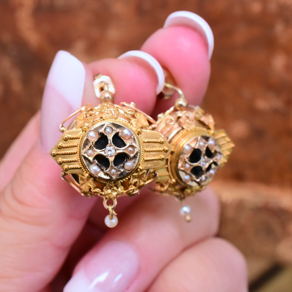 Antique Victorian Etruscan Revival 14ct Yellow Gold Diamond And Seed Pearl Earrings Circa 1870-80