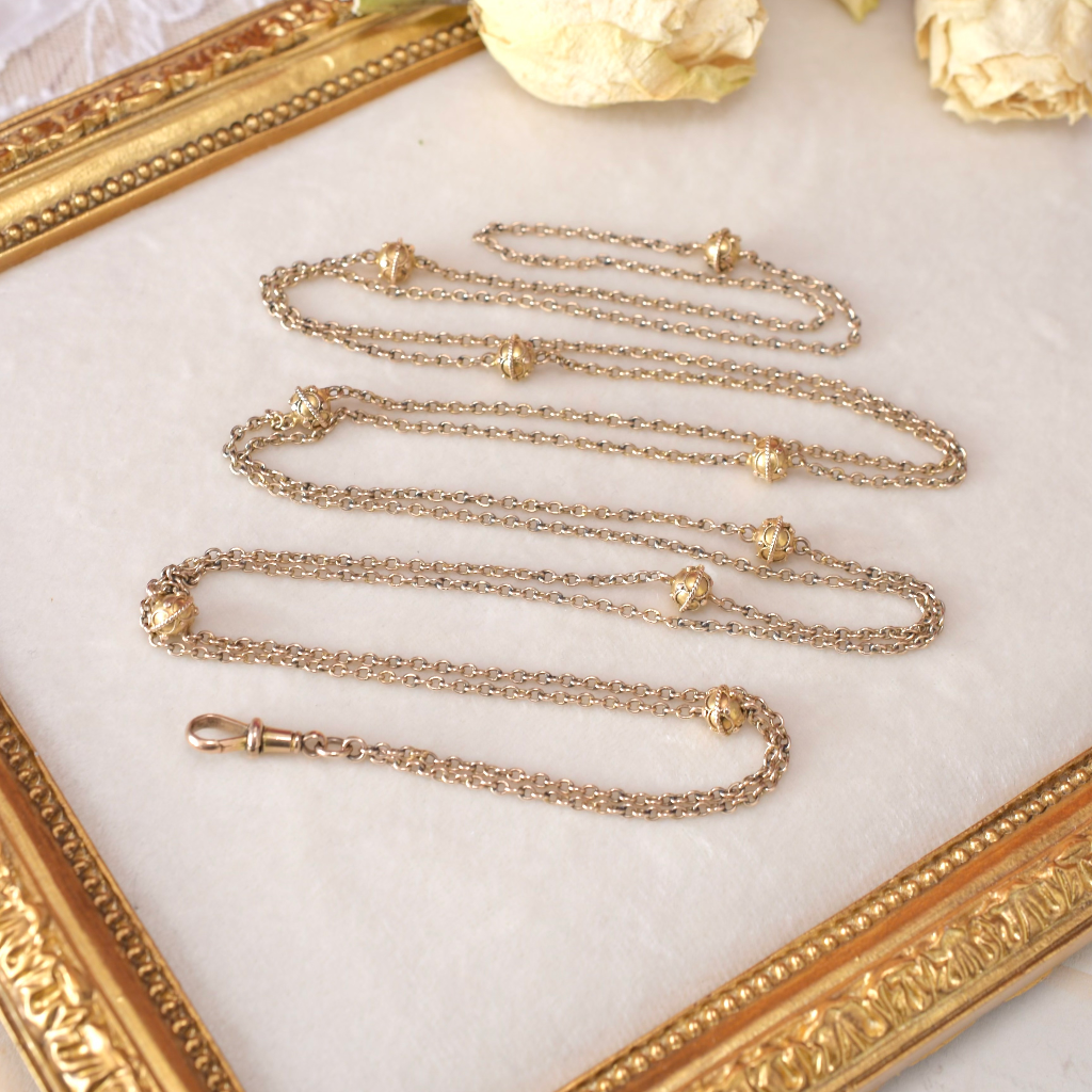Antique Victorian 9ct Yellow Gold Etruscan Revival Long Guard Chain Circa 1890-1900
