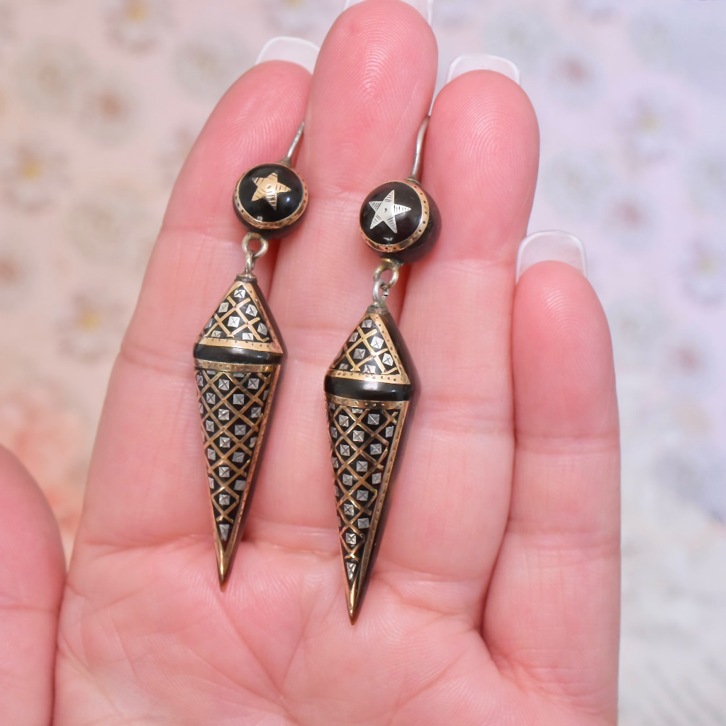 Antique Victorian French Gold And Silver ‘Pique’ Tortoiseshell Earrings Circa 1870 - 80s