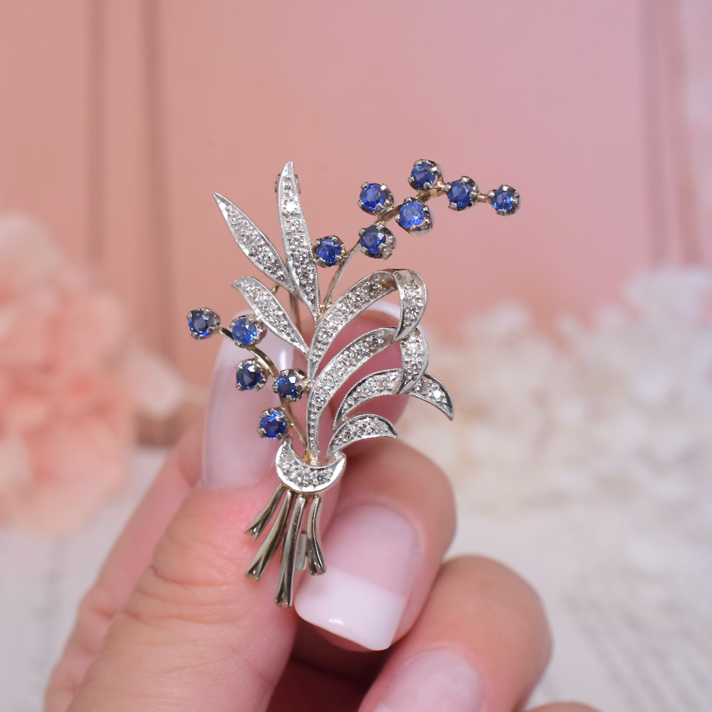 Vintage 18ct White Gold Diamond And Sapphire Floral Spray Brooch Circa 1940-50’s