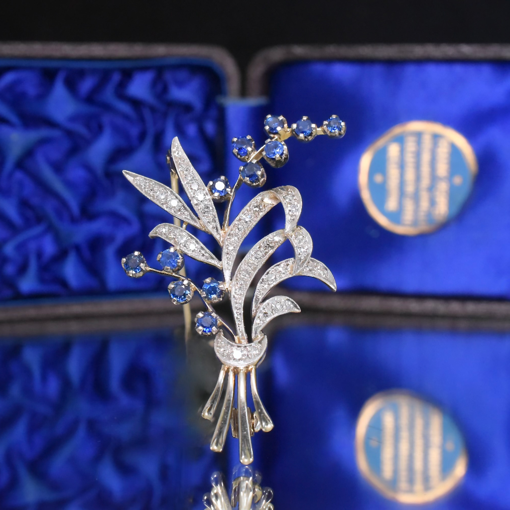 Vintage 18ct White Gold Diamond And Sapphire Floral Spray Brooch Circa 1940-50’s