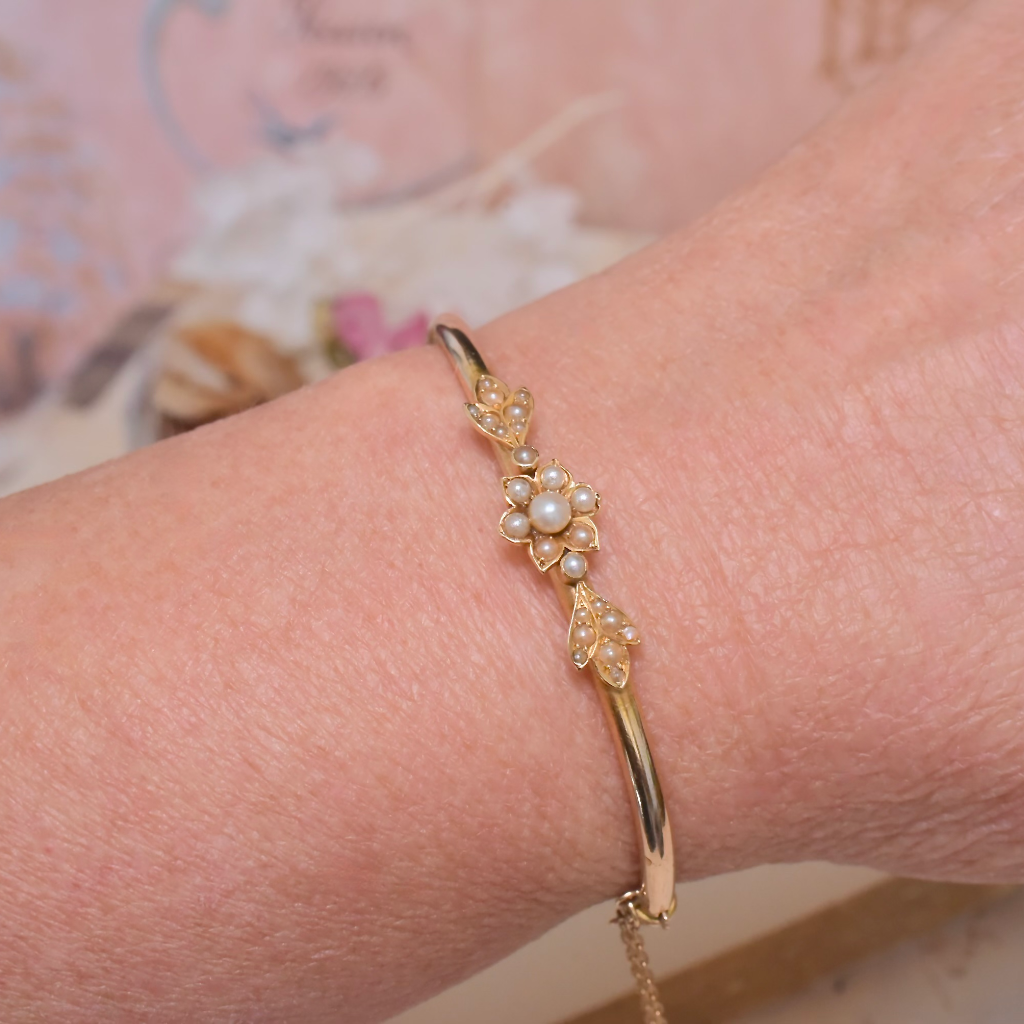 Antique Edwardian 15ct Rose Gold And Seed Pearl Bangle Circa 1910
