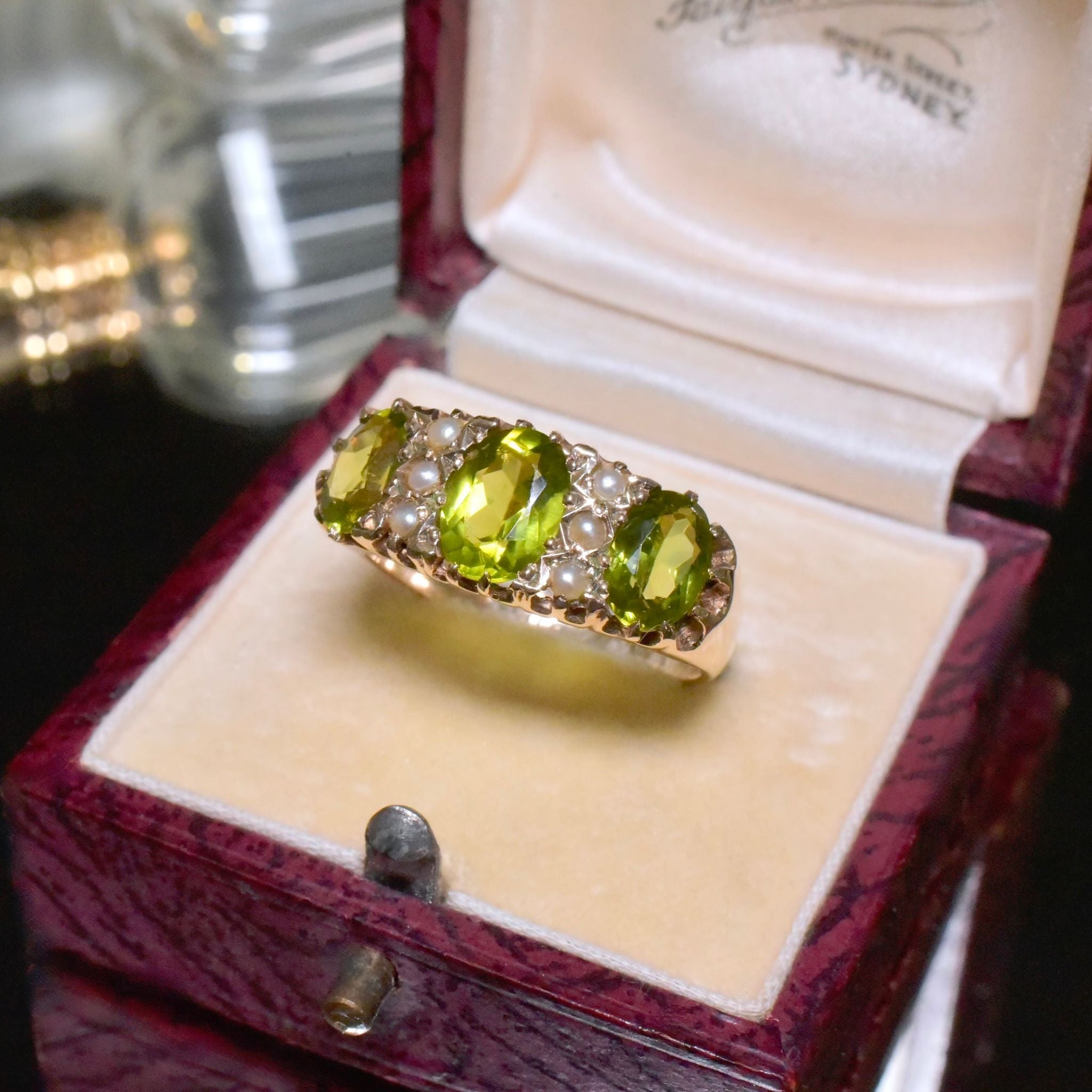Superb Vintage 9ct Yellow Gold Peridot And Seed Pearl Bridge Ring - Birmingham 1971