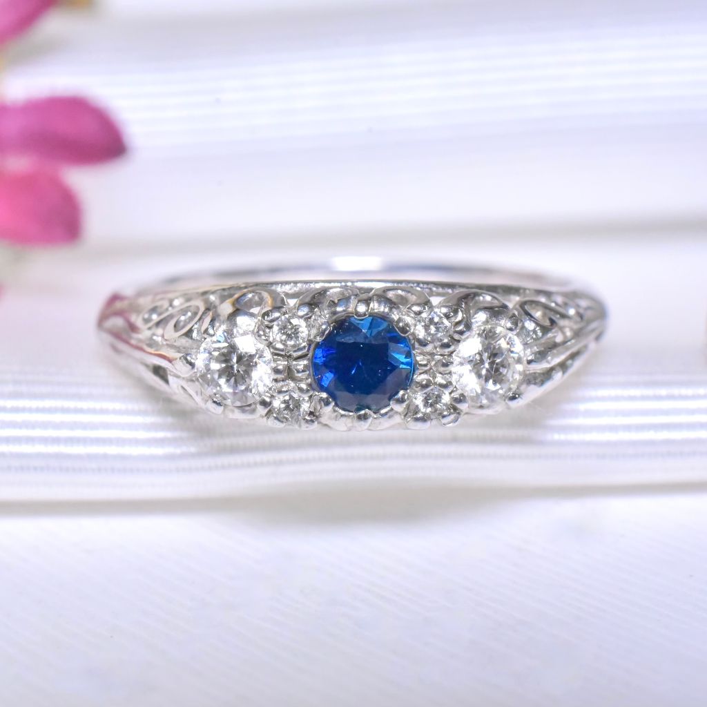 Contemporary Antique Style 18ct White Gold Sapphire And Diamond Ring