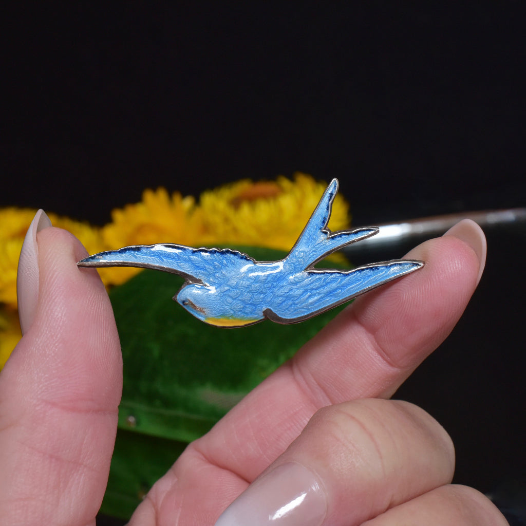 Vintage Australian Silver And Guilloche Enamel ‘Bluebird Of Happiness’ Brooch Circa 1950-1970’s