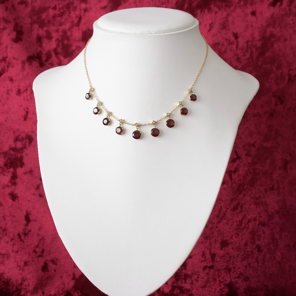 Antique Edwardian 9ct Yellow Gold Garnet And Seed Pearl Fringe Necklace Circa 1910