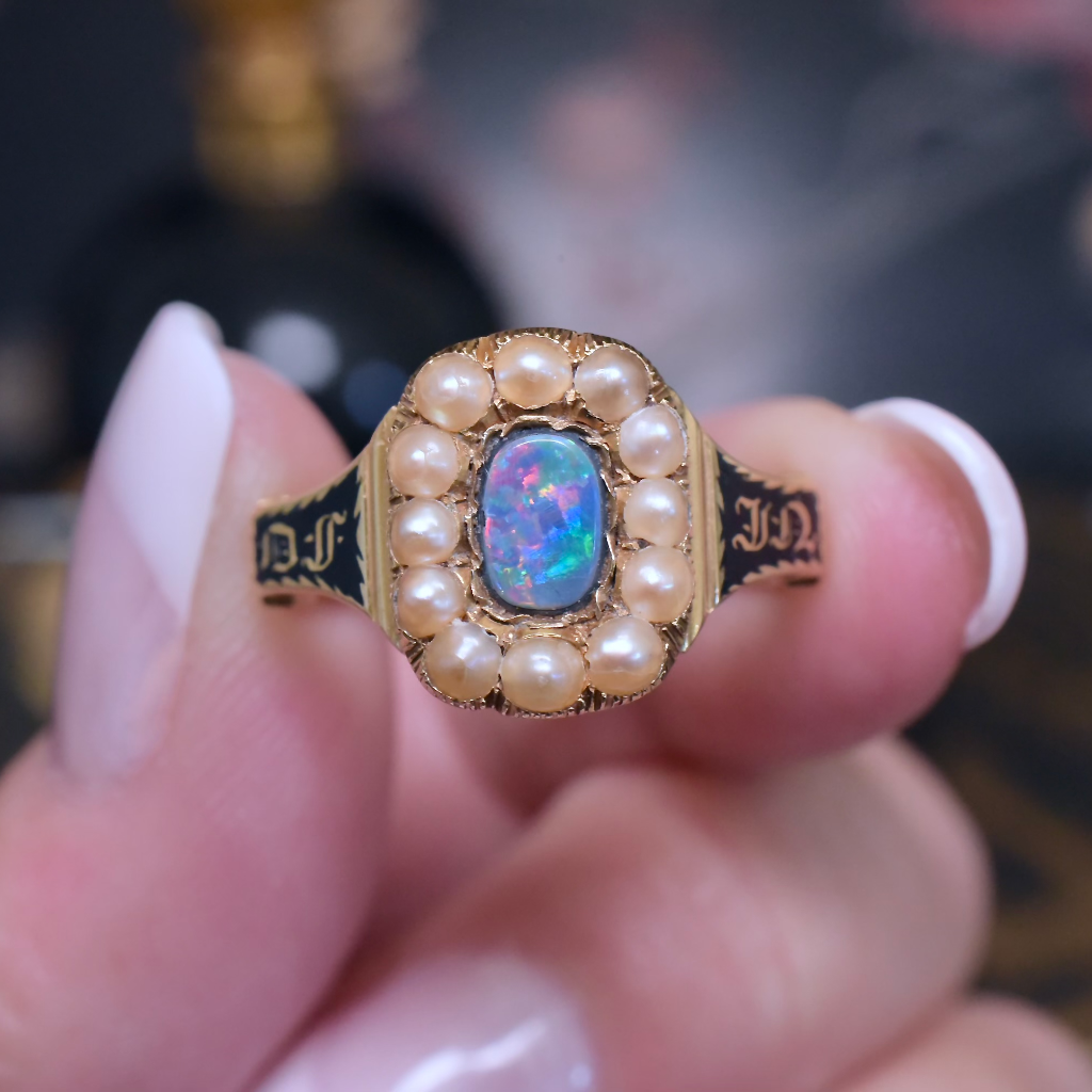 Antique Early Victorian 18ct Gold Pearl And Opal (Doublet) Enamel ‘In Memory Of’ Ring - 1839