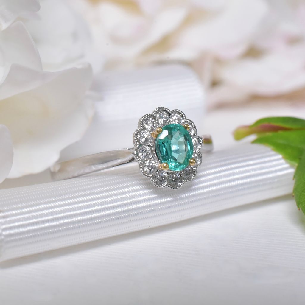 Contemporary 18ct White Gold Emerald And Diamond ‘Daisy’ Halo Ring