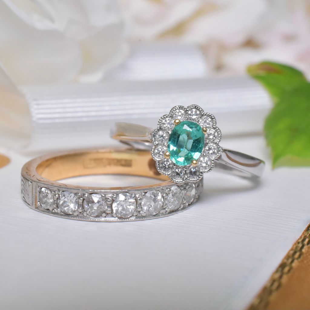 Contemporary 18ct White Gold Emerald And Diamond ‘Daisy’ Halo Ring