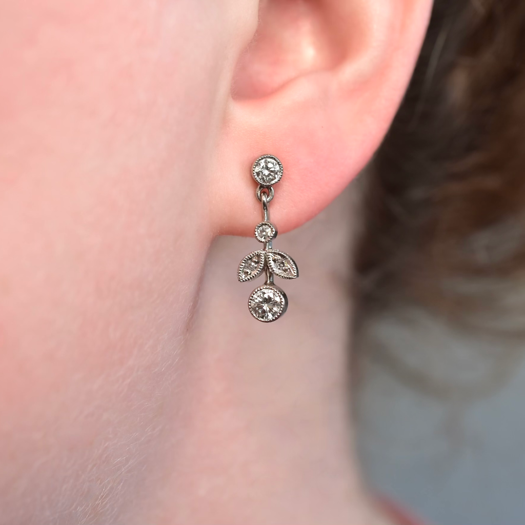 Modern 18ct White Gold And Diamond Floral Drop Earrings