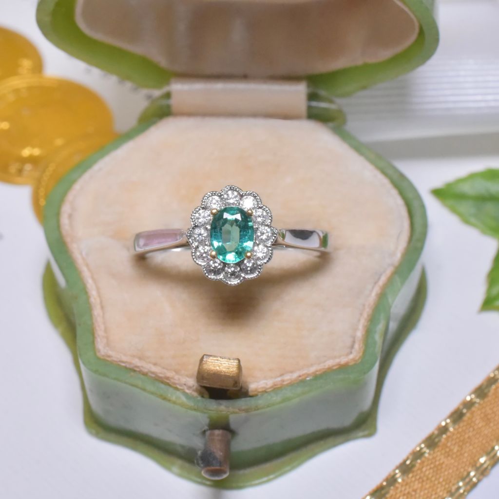 Contemporary 18ct White Gold Emerald And Diamond ‘Daisy’ Halo Ring