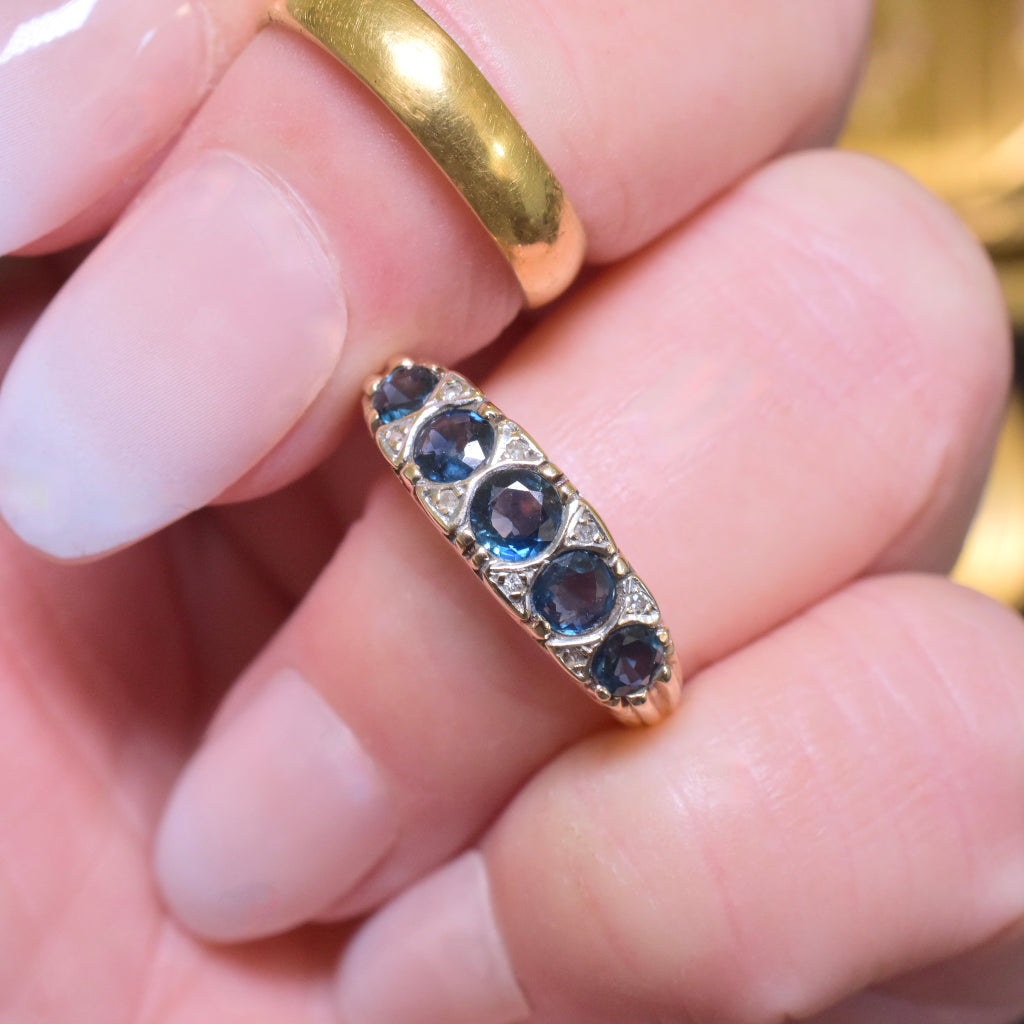 Vintage 9ct Yellow Gold Natural Sapphire And Diamond Ring