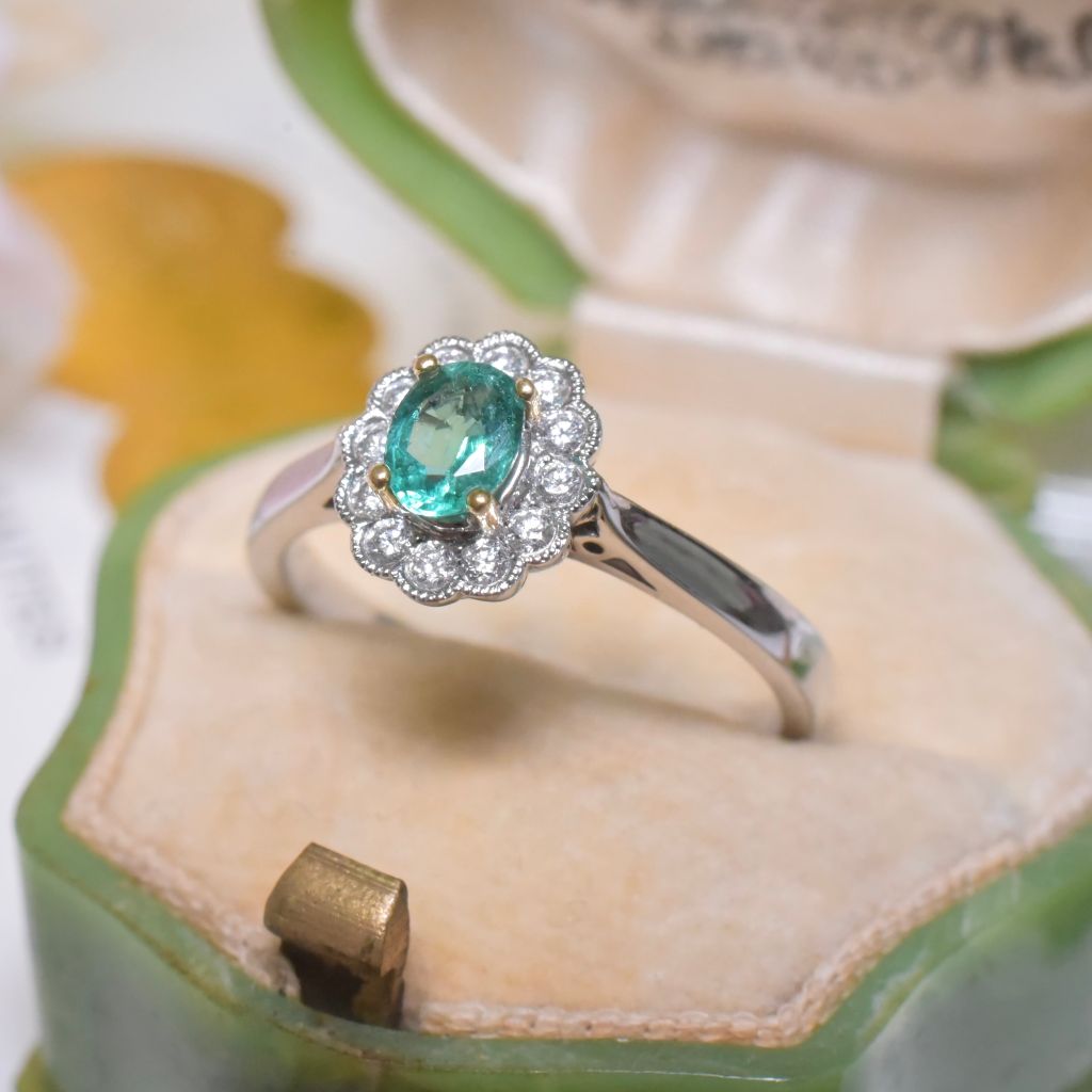 Contemporary 18ct White Gold Emerald And Diamond ‘Daisy’ Halo Ring