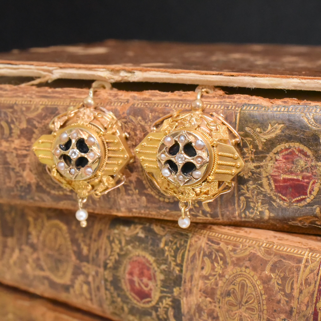 Antique Victorian Etruscan Revival 14ct Yellow Gold Diamond And Seed Pearl Earrings Circa 1870-80