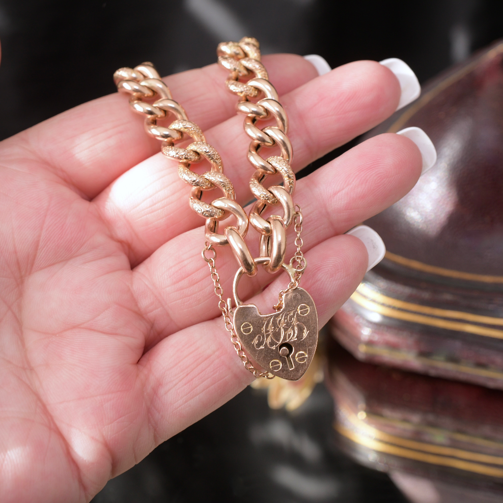 Antique 9ct Rose Gold ‘Day And Night’ Heart Padlock Bracelet Circa 1900