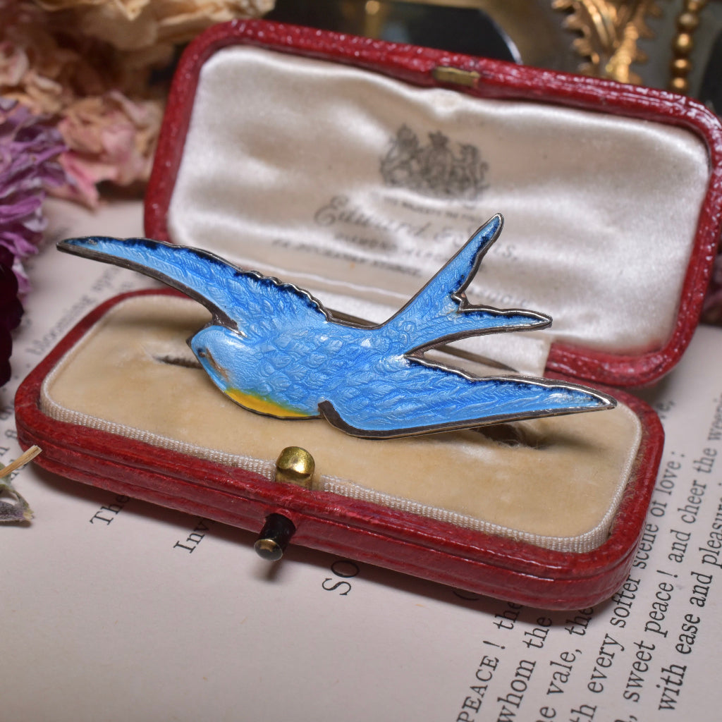 Vintage Australian Silver And Guilloche Enamel ‘Bluebird Of Happiness’ Brooch Circa 1950-1970’s