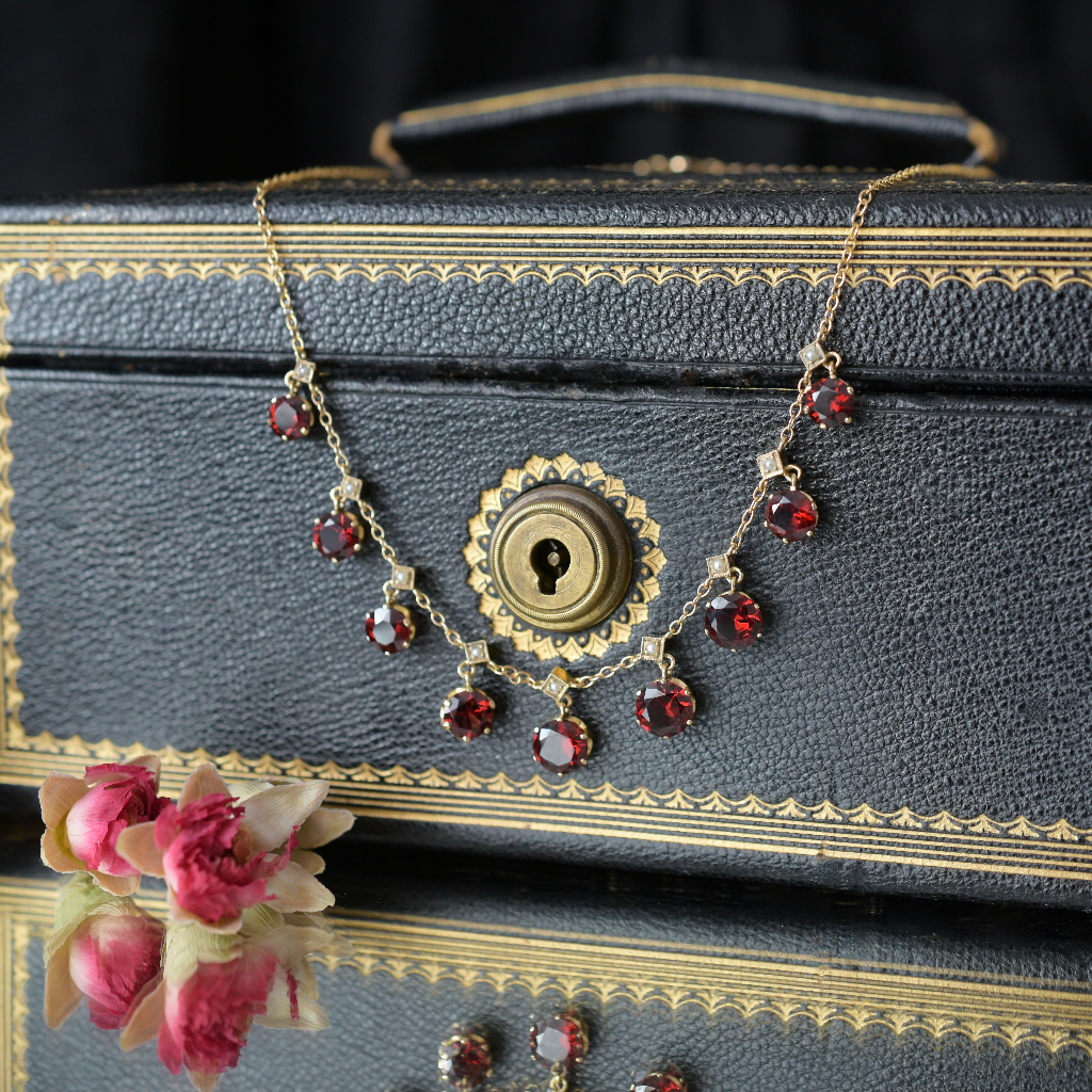 Antique Edwardian 9ct Yellow Gold Garnet And Seed Pearl Fringe Necklace Circa 1910