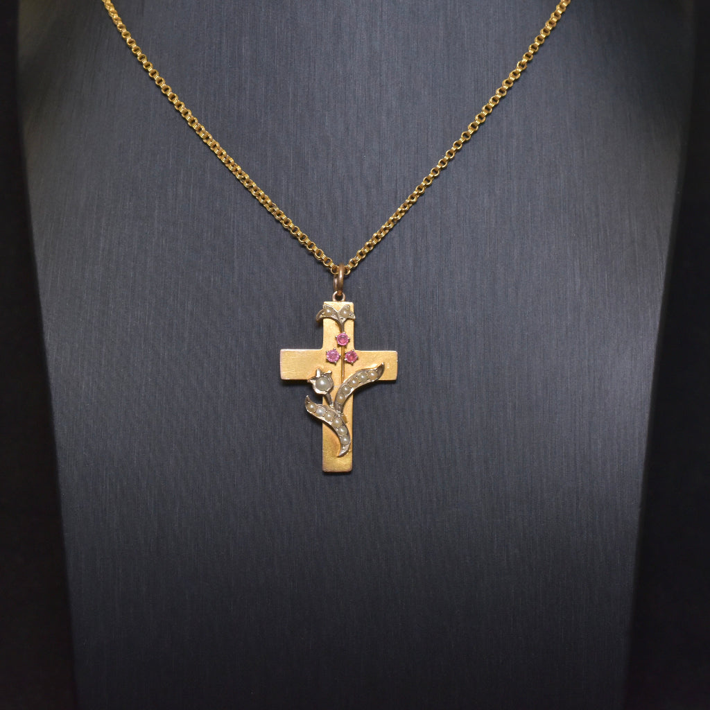 Antique Australian 9ct Gold Seed Pearl Crucifix By Robert Rollason Circa 1900