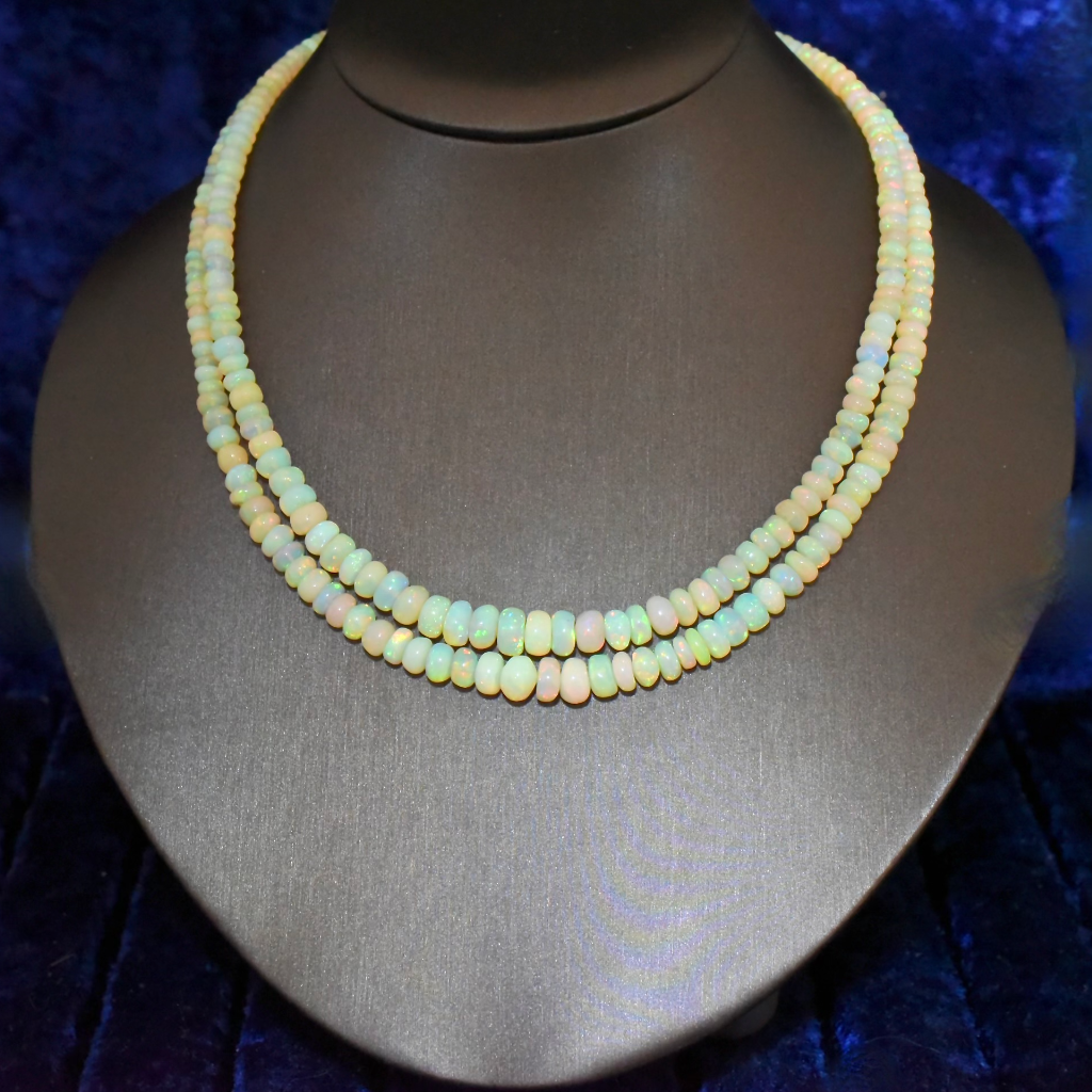 Vintage 18ct Gold And Diamond Ethiopian Opal Two Strand Necklace