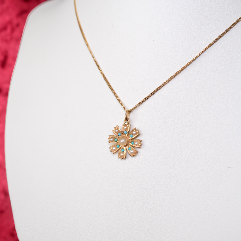 Antique Australian 15ct Rose Gold Turquoise And Seed Pearl Pendant