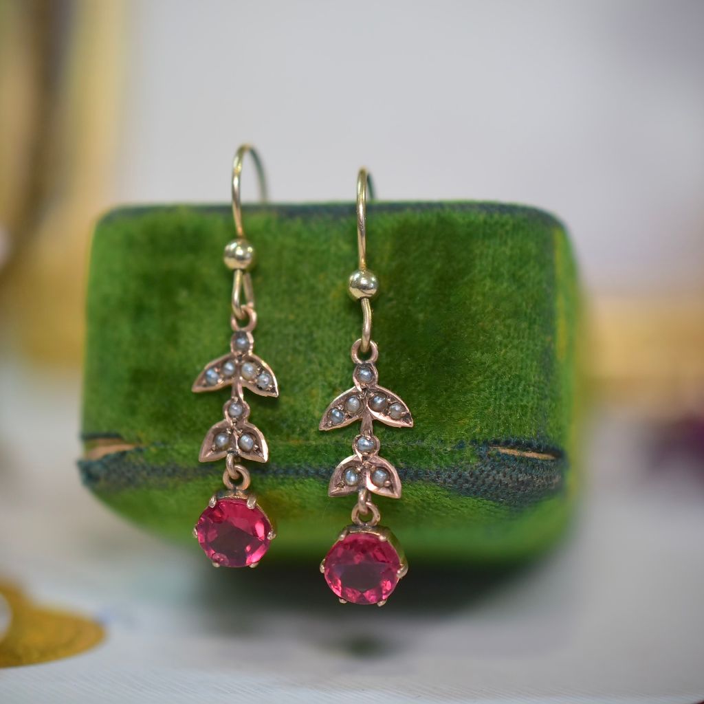 Antique Edwardian Rose Gold Seed Pearl And Red Paste Earrings Circa 1915