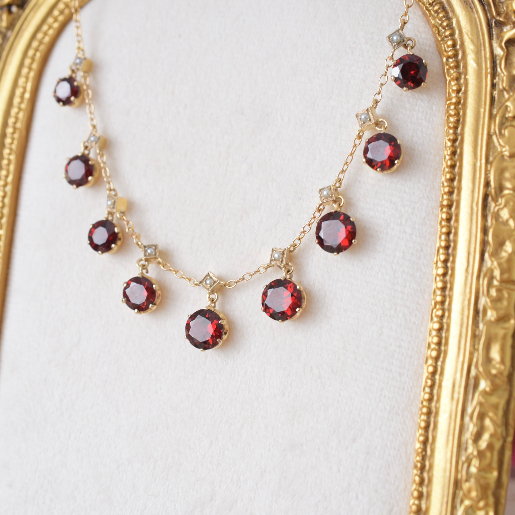 Antique Edwardian 9ct Yellow Gold Garnet And Seed Pearl Fringe Necklace Circa 1910