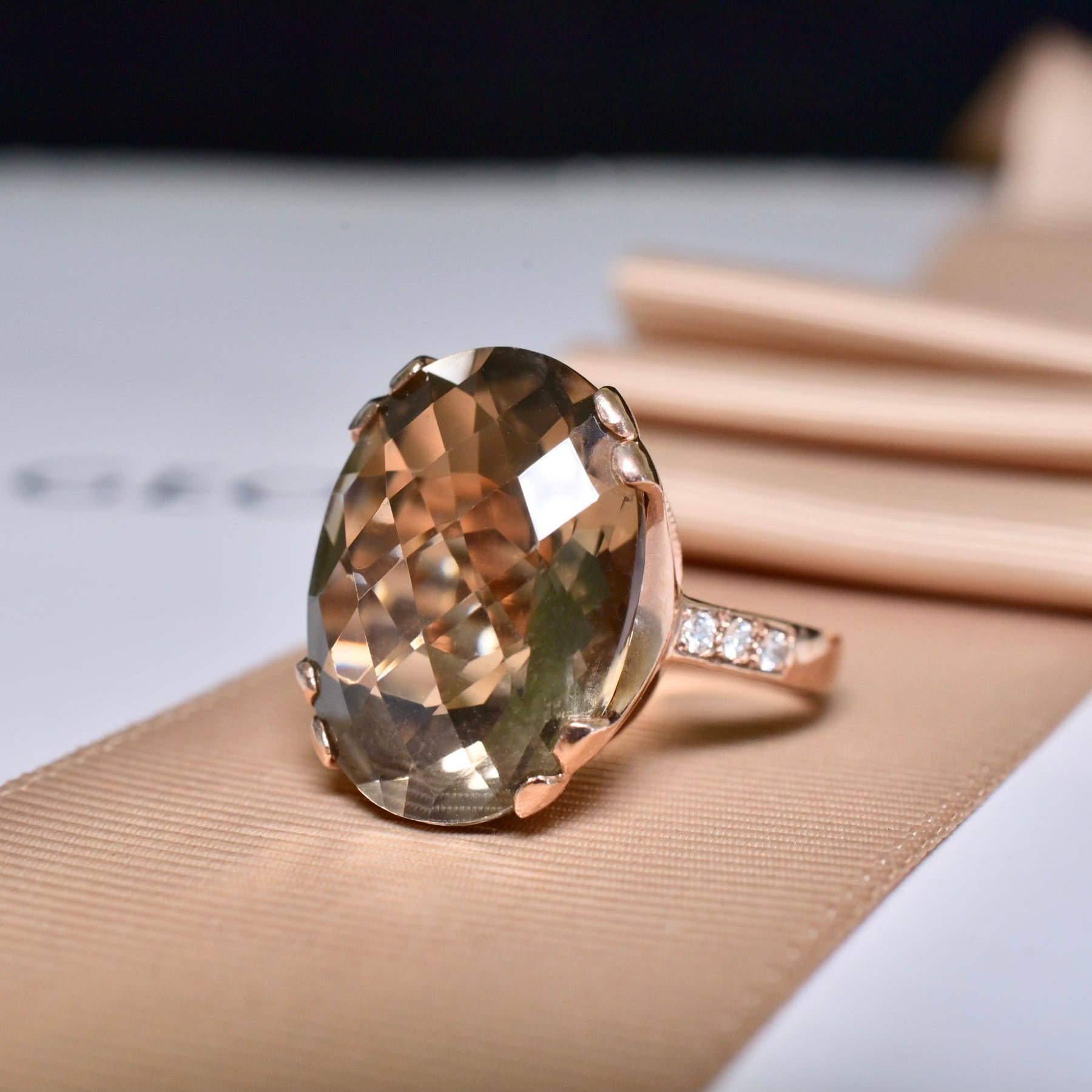 Modern 9ct Rose Gold Smoky Quartz And Diamond Ring