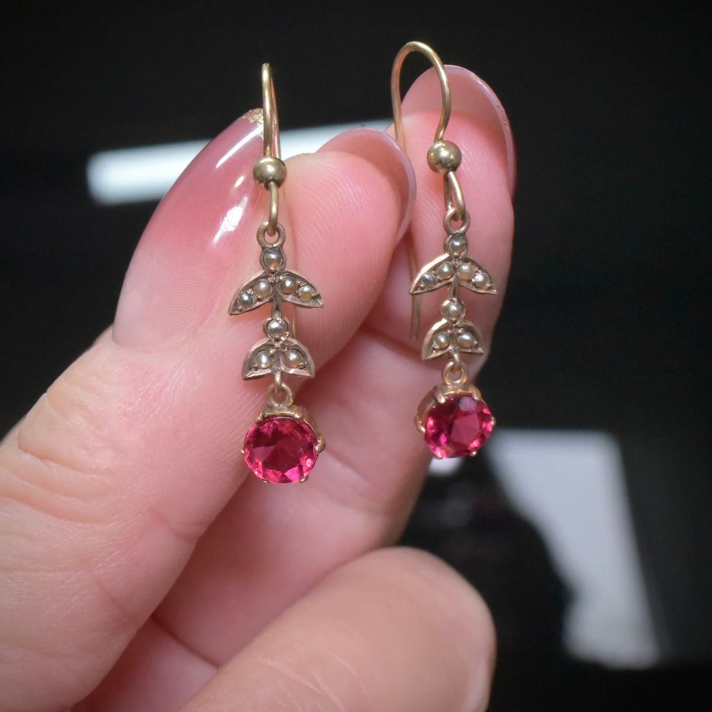 Antique Edwardian Rose Gold Seed Pearl And Red Paste Earrings Circa 1915