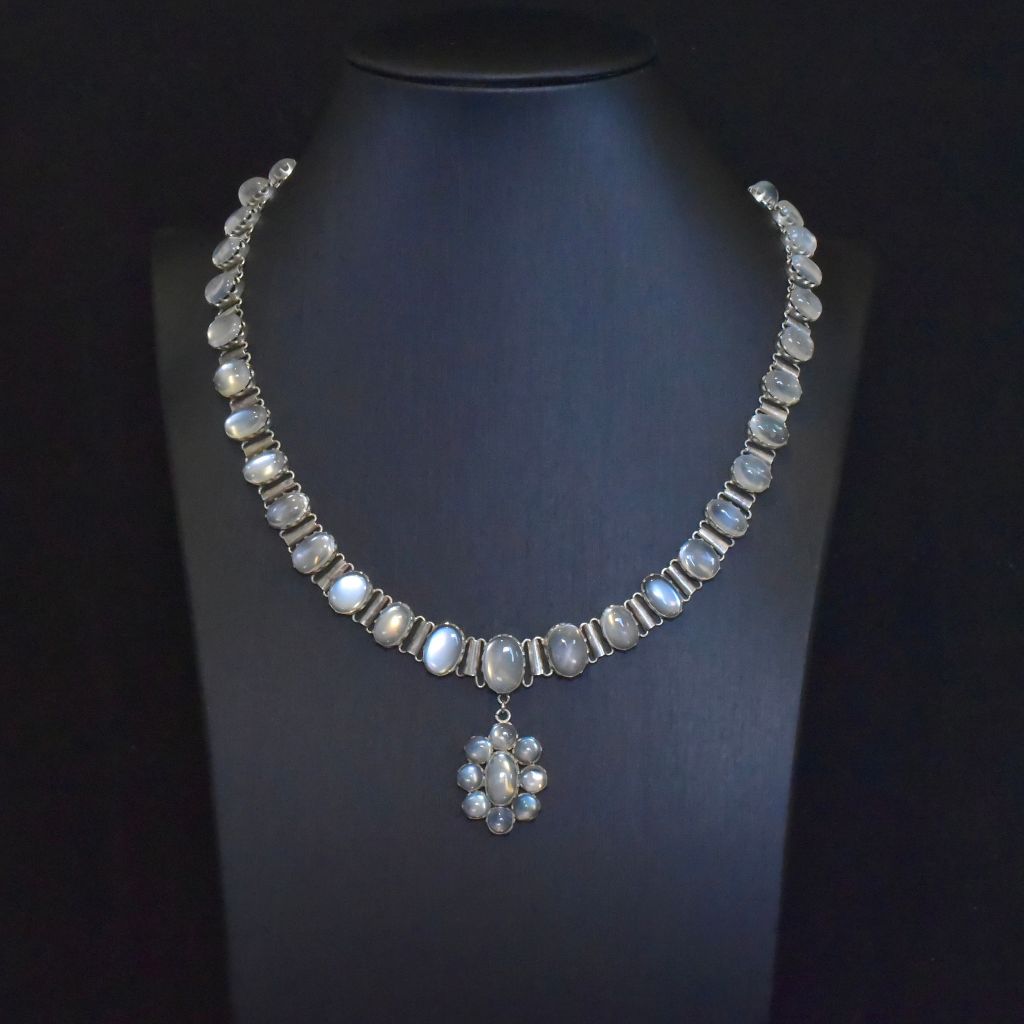 Antique Edwardian to Early Art Deco Era Silver And Moonstone Pendant Necklace - 50.00ct