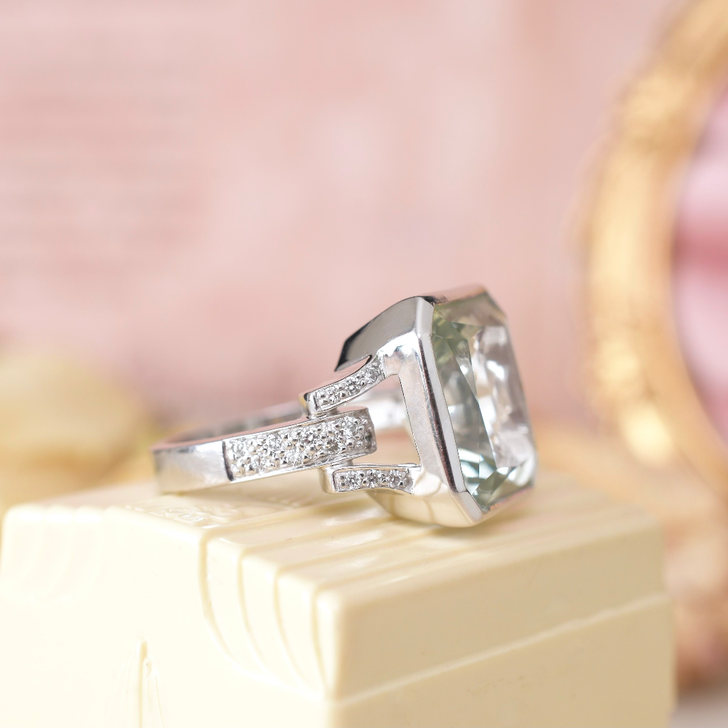 Modern 9ct White Gold Emerald-Cut Prasiolite And Diamond Ring