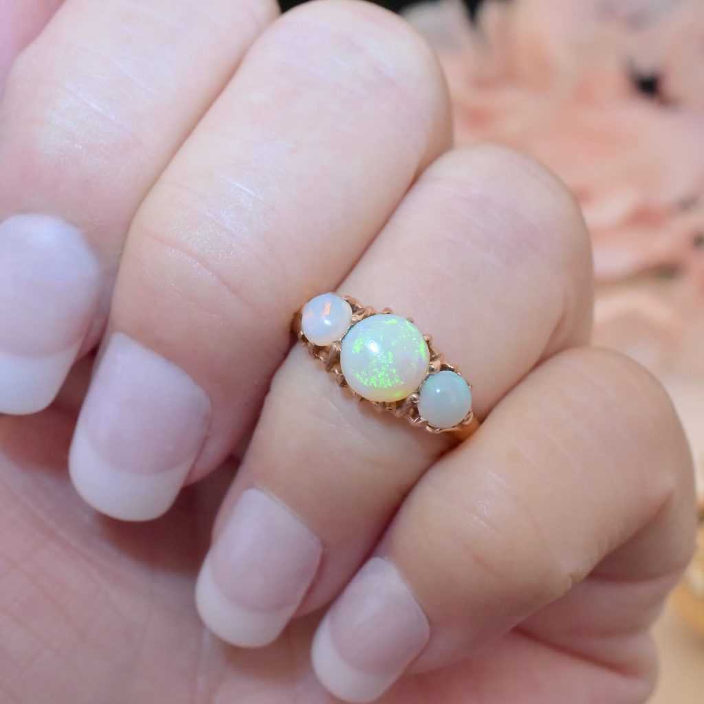 Antique 15ct Rose Gold Solid Opal Trilogy Ring Circa 1910-1920