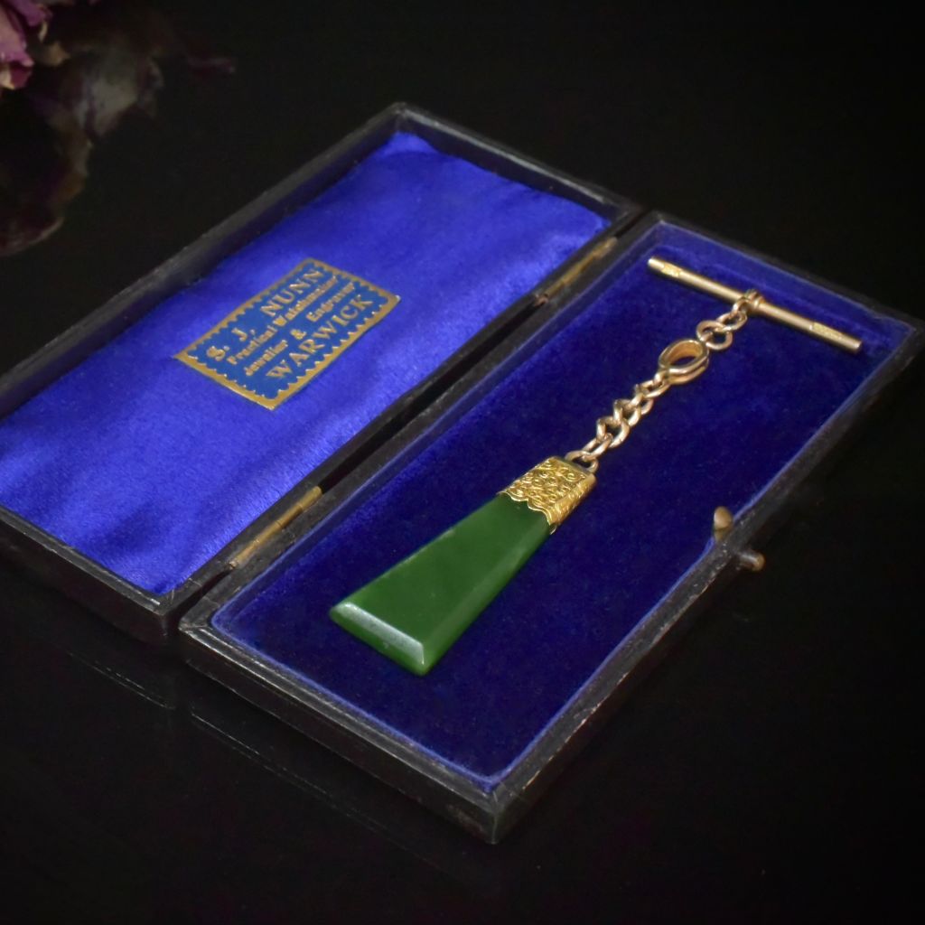 Antique Edwardian 15ct Rose Gold And Nephrite Jade Sliding Watch Fob Pendant Circa 1910
