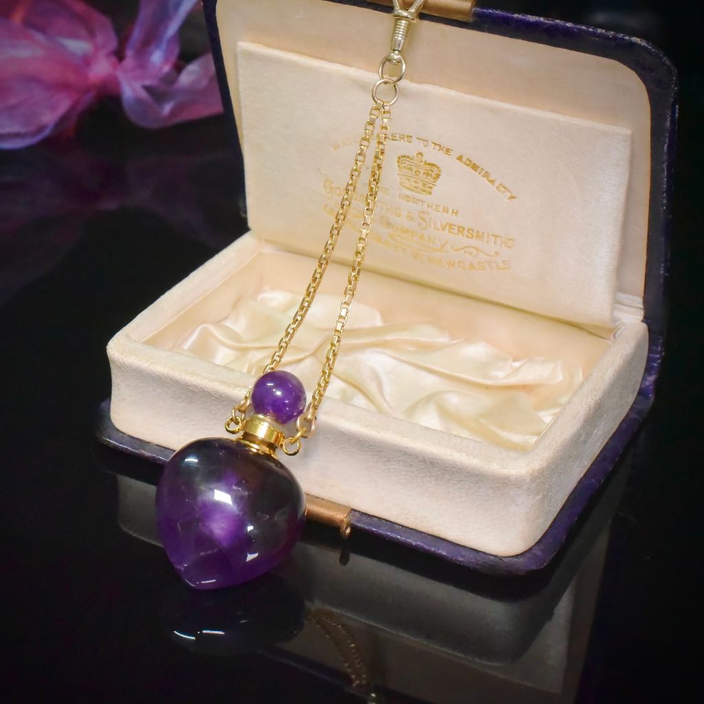 Vintage Carved ‘Heart’ Natural Amethyst Scent Bottle With Chain And Dog Clip