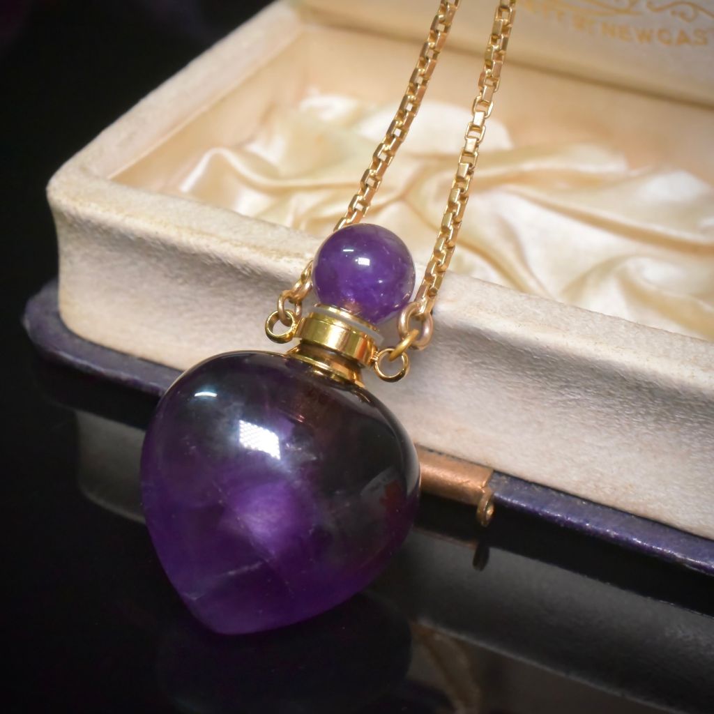 Vintage Carved ‘Heart’ Natural Amethyst Scent Bottle With Chain And Dog Clip