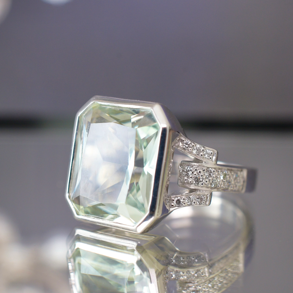 Modern 9ct White Gold Emerald-Cut Prasiolite And Diamond Ring