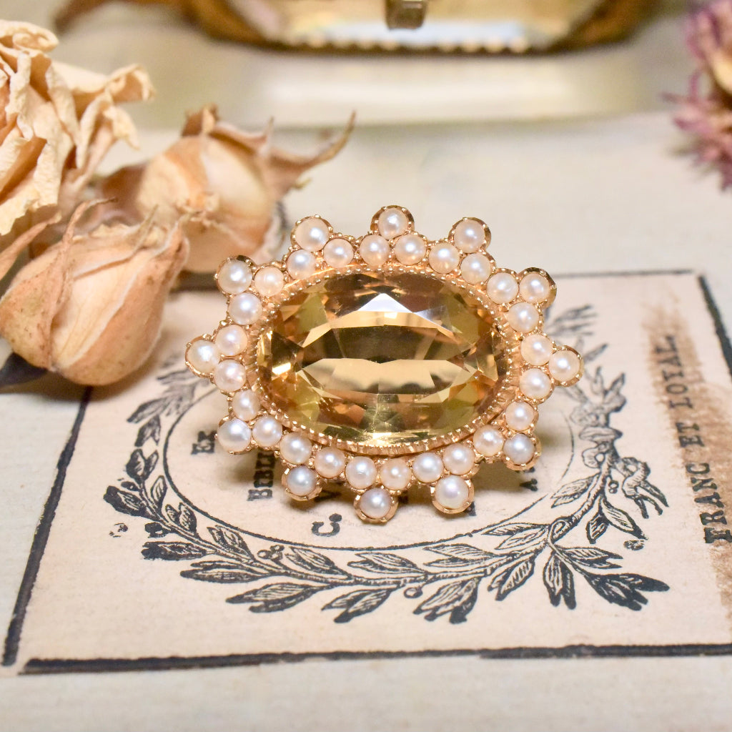 Antique Victorian 15ct Gold Citrine And Half Pearl Brooch Circa 1900