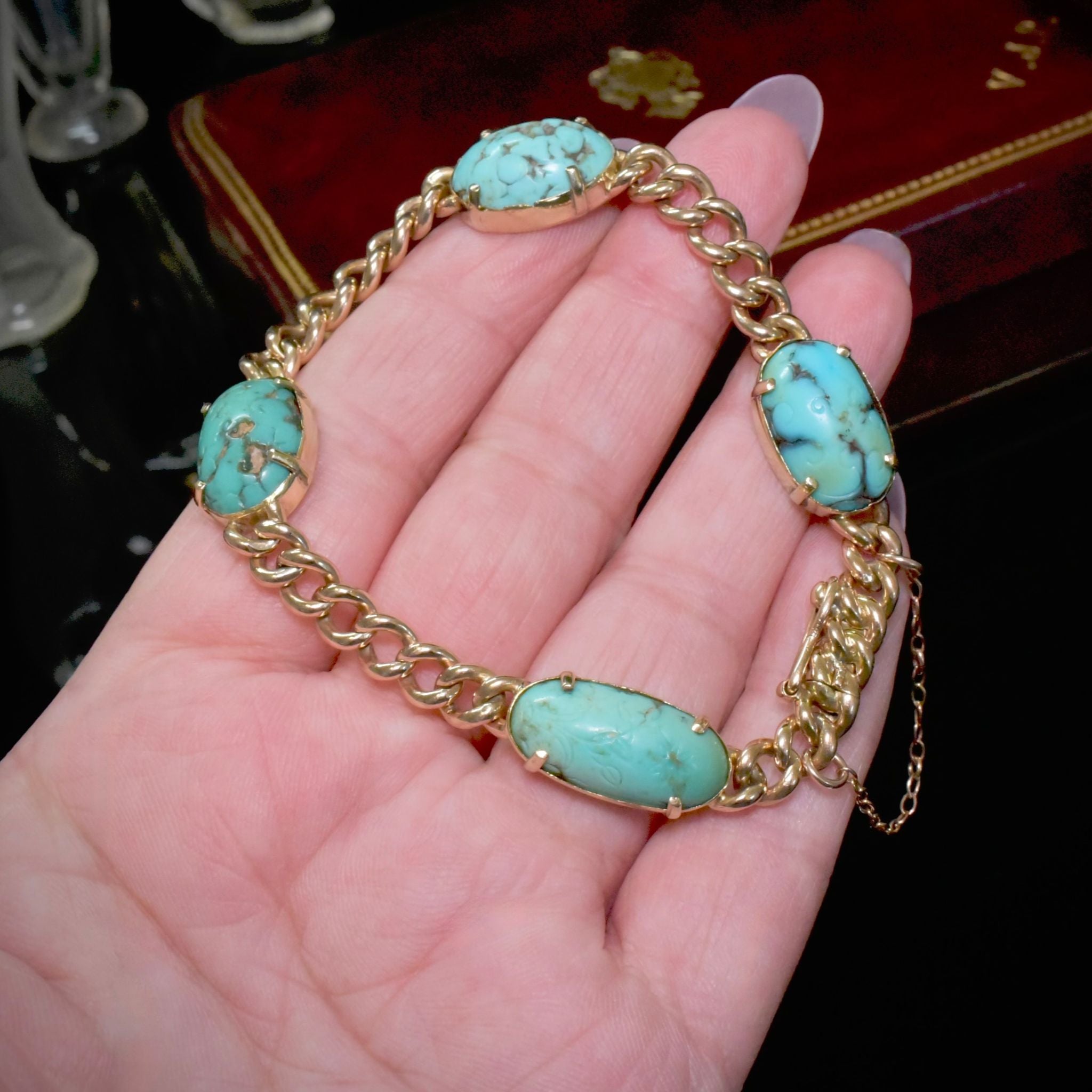 Fabulous Antique Australian 15ct Rose Gold And Carved Turquoise Bracelet Circa 1910