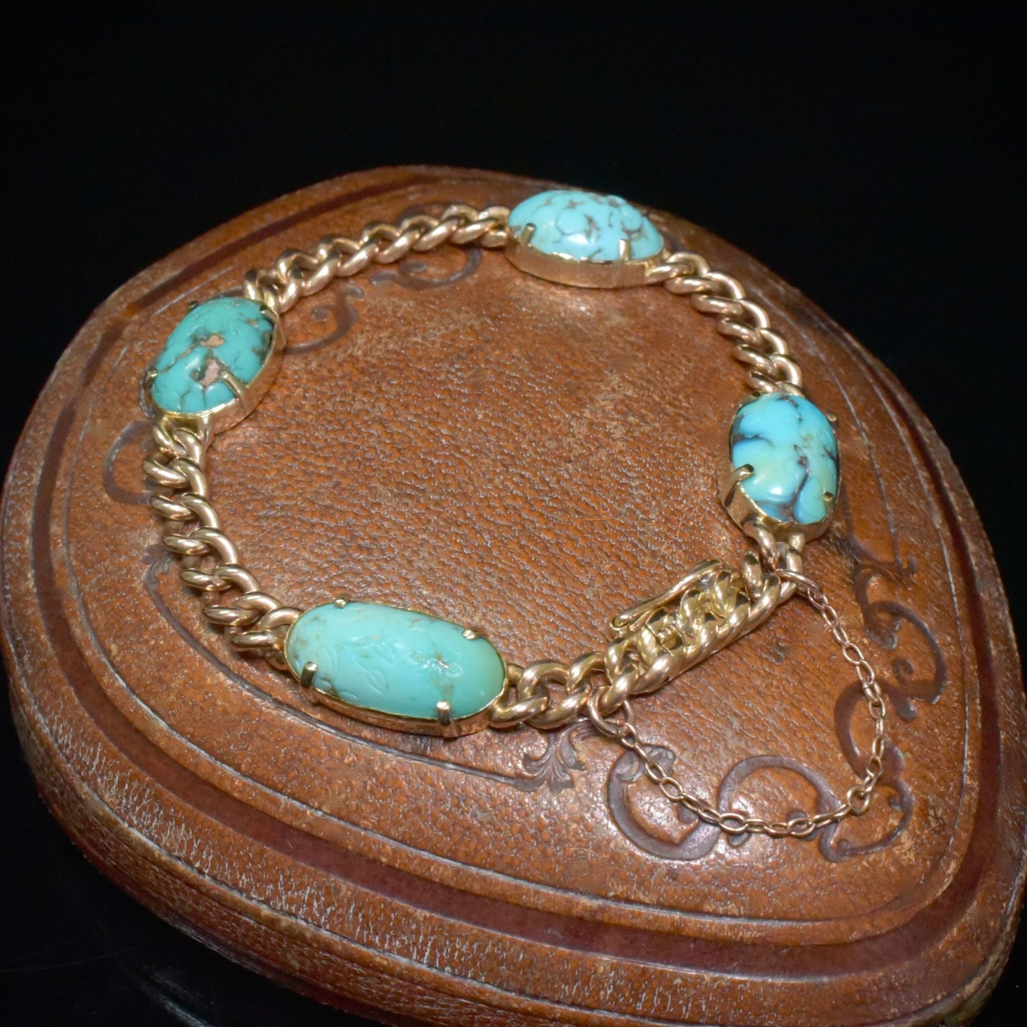 Fabulous Antique Australian 15ct Rose Gold And Carved Turquoise Bracelet Circa 1910