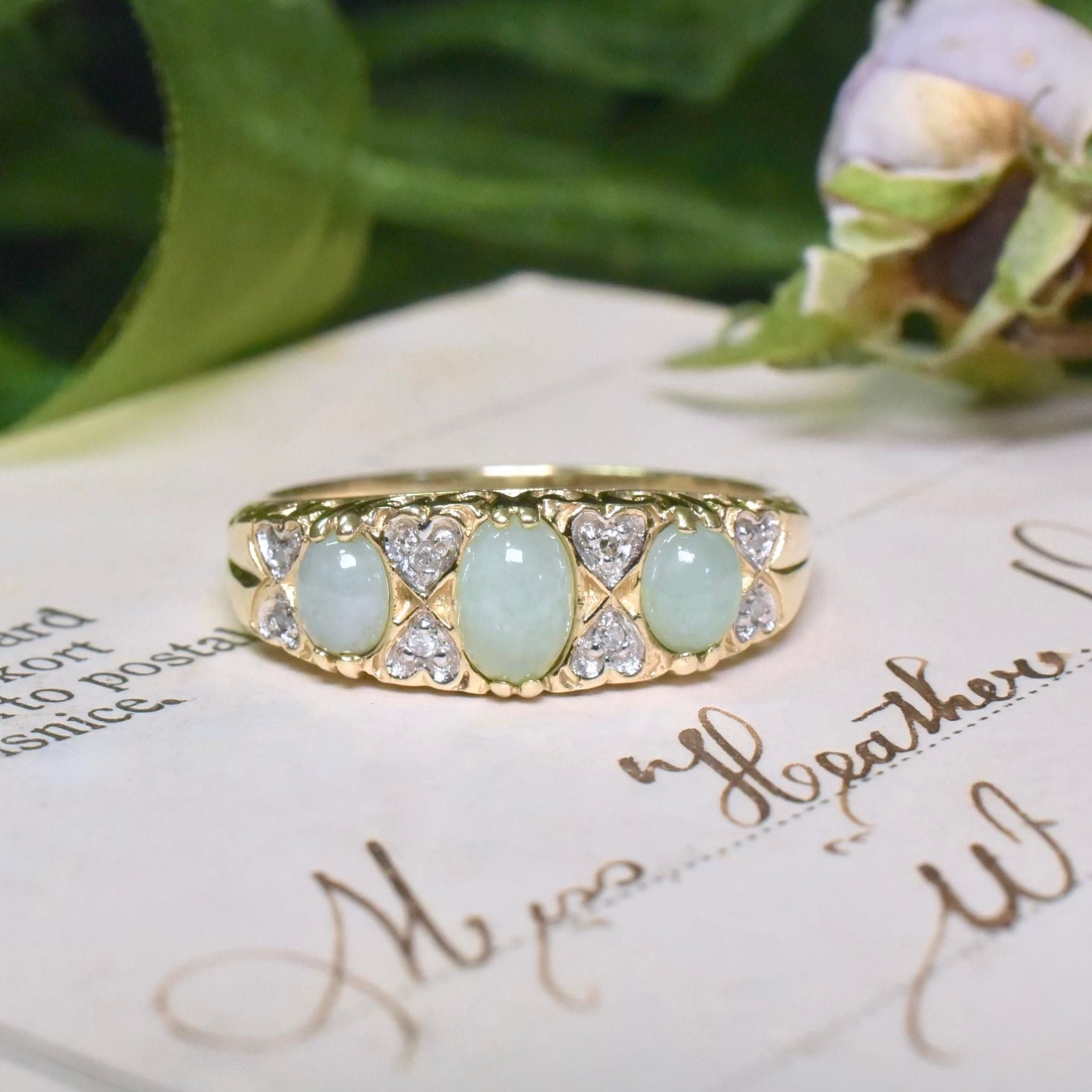 Vintage 9ct Yellow Gold Jadeite And Diamond Ring