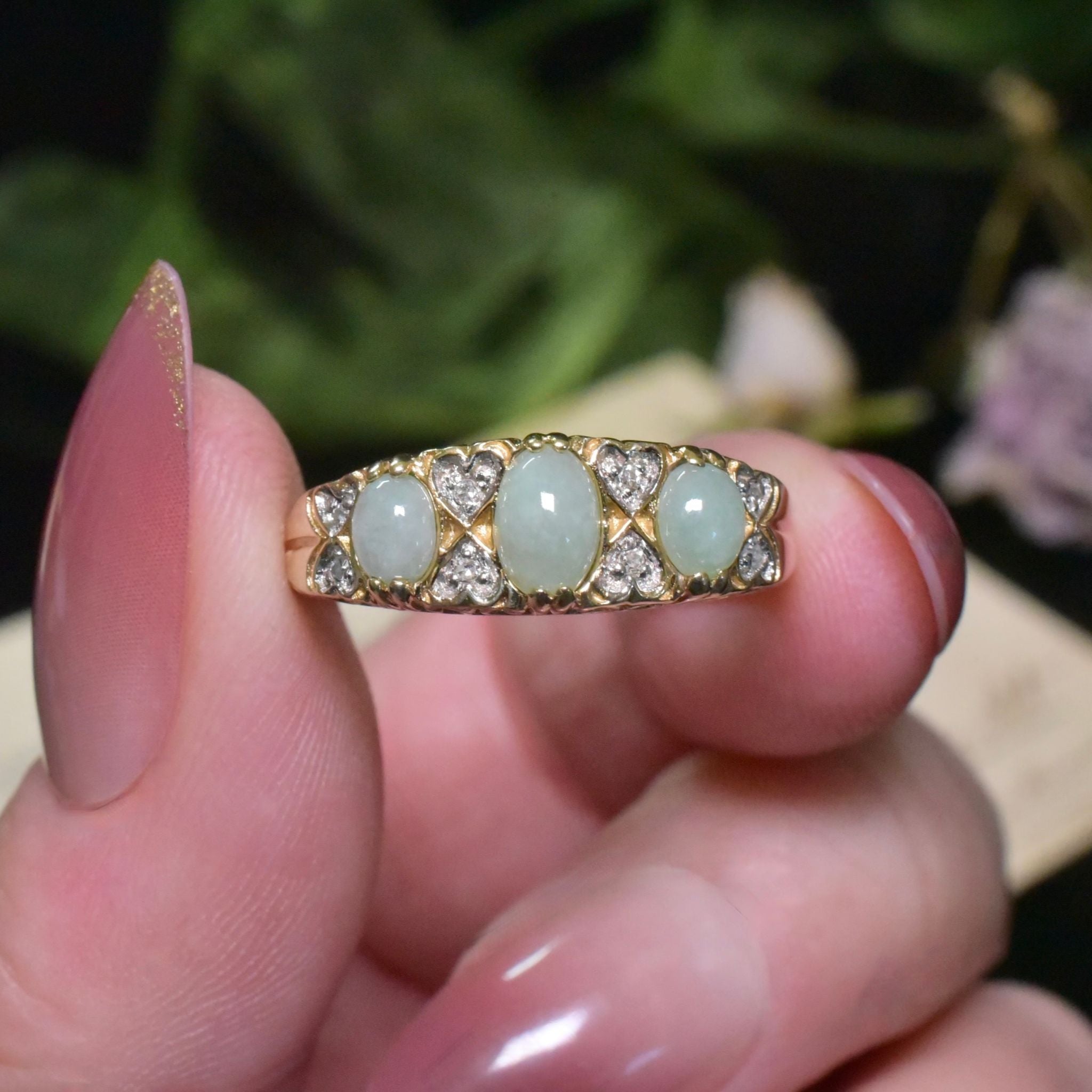 Vintage 9ct Yellow Gold Jadeite And Diamond Ring