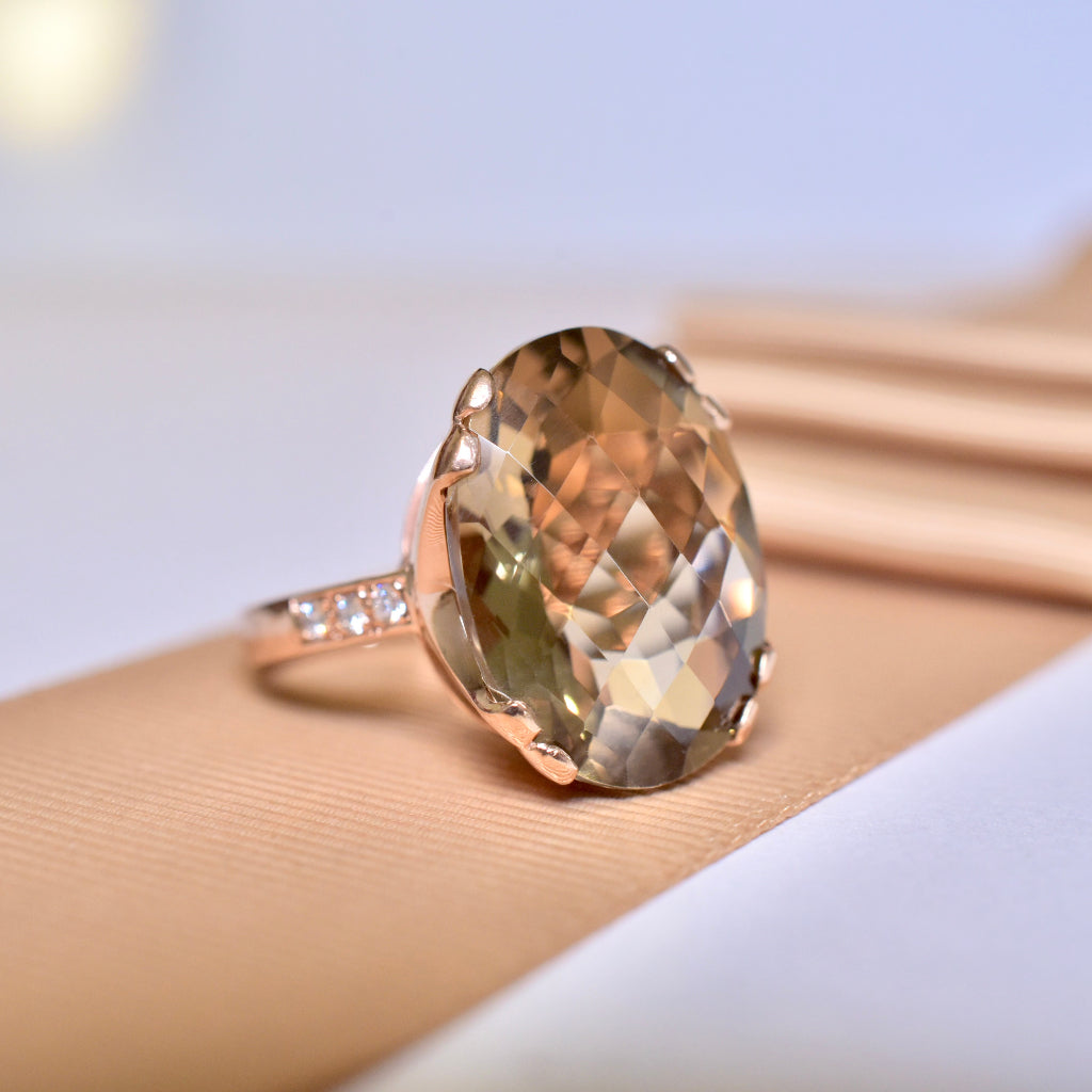 Modern 9ct Rose Gold Smoky Quartz And Diamond Ring